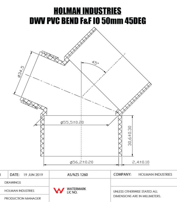 DWVF0034 DWV PVC BEND INSPECTION OUTLET Drawing