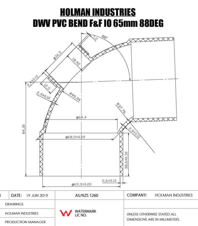 DWVF0040 DWV PVC BEND INSPECTION OUTLET Drawing