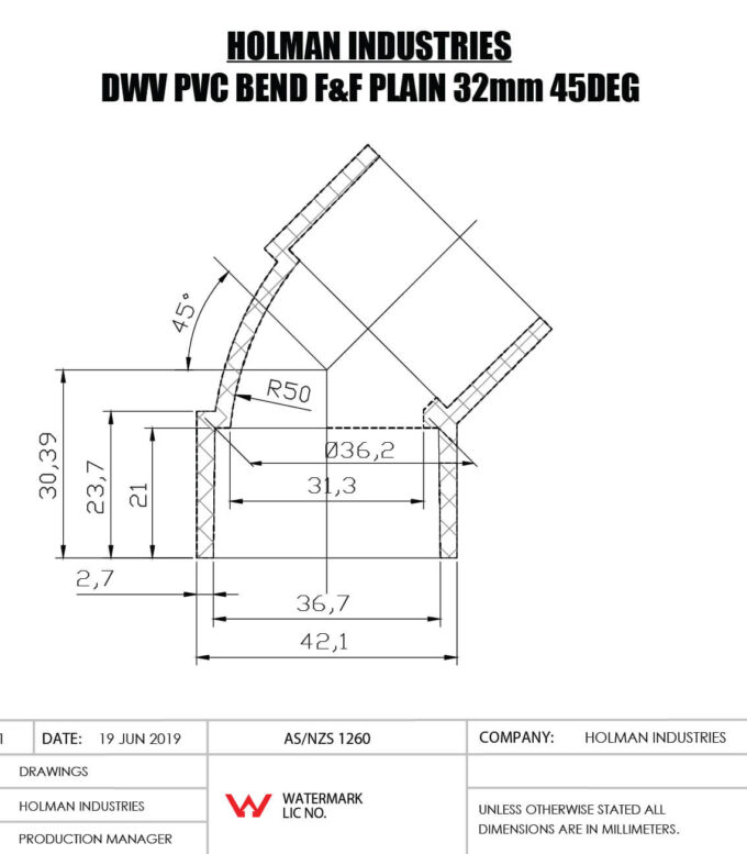 DWVF0045 DWV PVC BEND F&F PLAIN Drawing