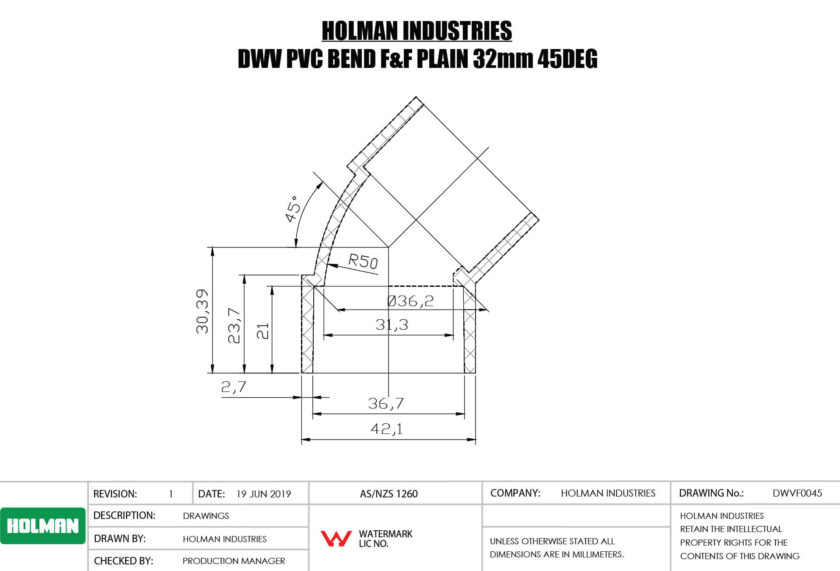 DWVF0045 DWV PVC BEND F&F PLAIN Drawing DWVF0045 DWV PVC BEND F&F PLAIN Drawing