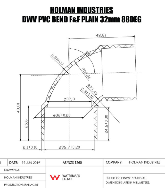 DWVF0046 DWV PVC BEND F&F PLAIN Drawing