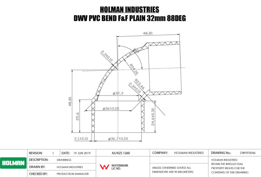 DWVF0046 DWV PVC BEND F&F PLAIN Drawing DWVF0046 DWV PVC BEND F&F PLAIN Drawing