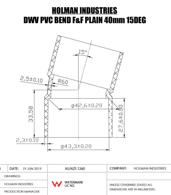 DWVF0050 DWV PVC BEND F&F PLAIN Drawing