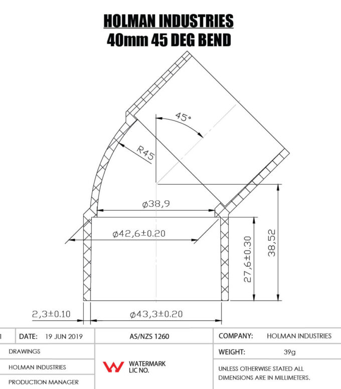 DWVF0052 DWV PVC BEND F&F PLAIN Drawing