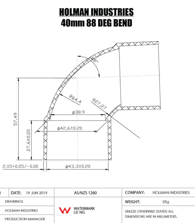 DWVF0054 DWV PVC BEND F&F PLAIN Drawing