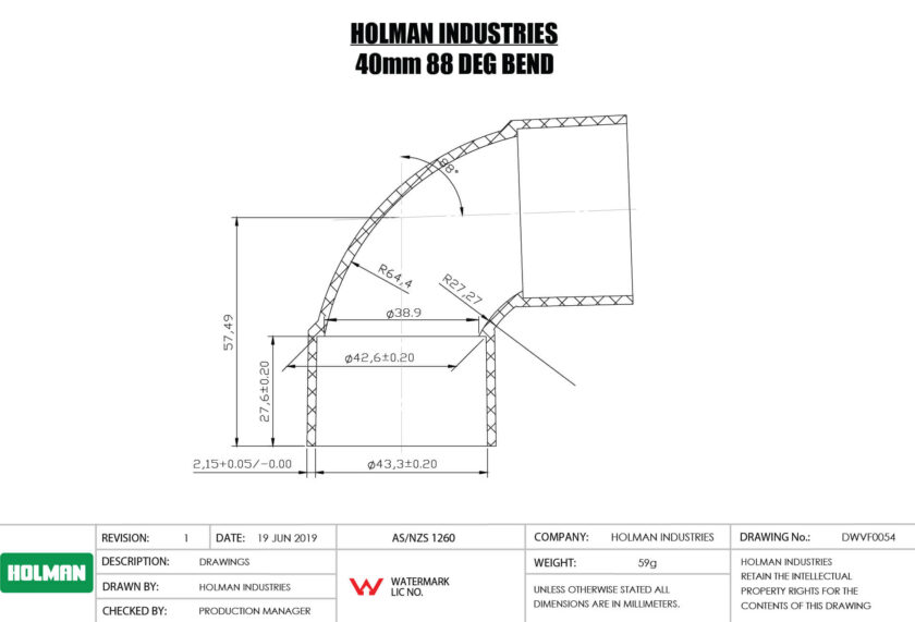 DWVF0054 DWV PVC BEND F&F PLAIN Drawing DWVF0054 DWV PVC BEND F&F PLAIN Drawing
