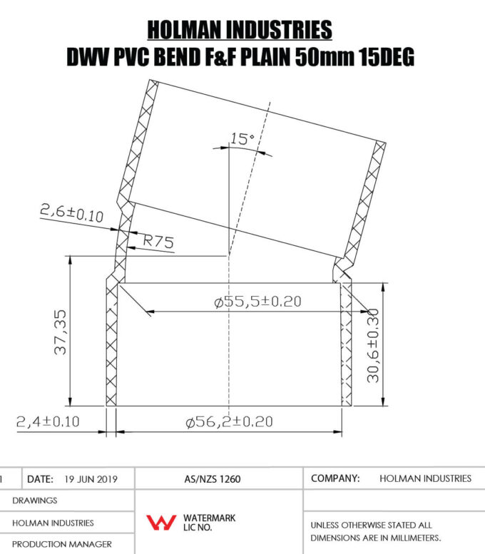 DWVF0056 DWV PVC BEND F&F PLAIN Drawing
