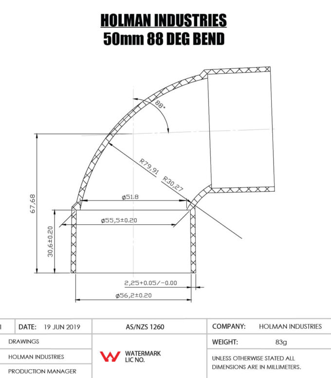 DWVF0060 DWV PVC BEND F&F PLAIN Drawing