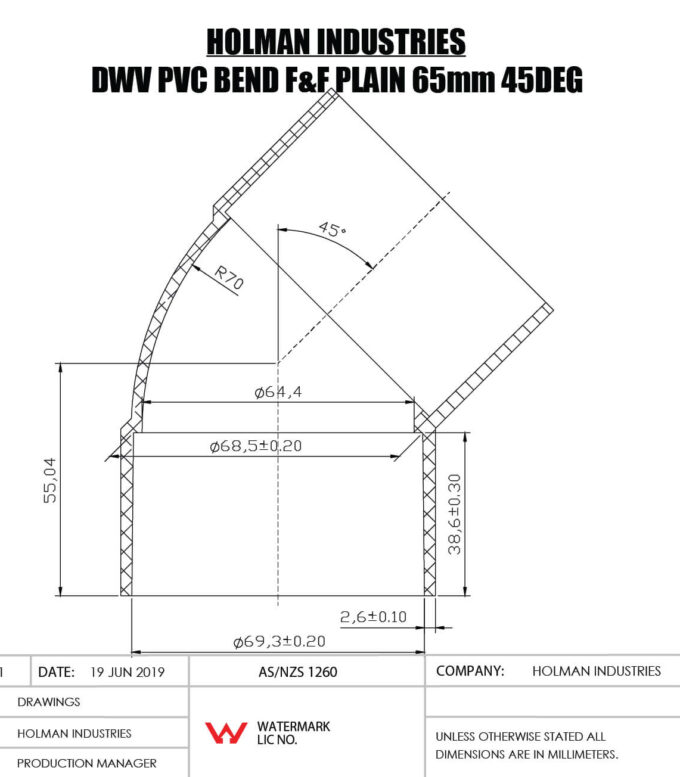 DWVF0062 DWV PVC BEND F&F PLAIN Drawing