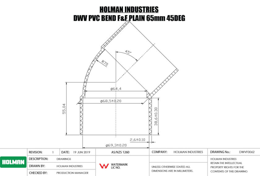 DWVF0062 DWV PVC BEND F&F PLAIN Drawing DWVF0062 DWV PVC BEND F&F PLAIN Drawing