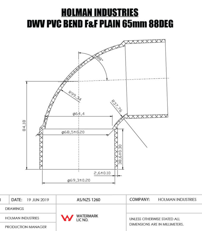 DWVF0064 DWV PVC BEND F&F PLAIN Drawing