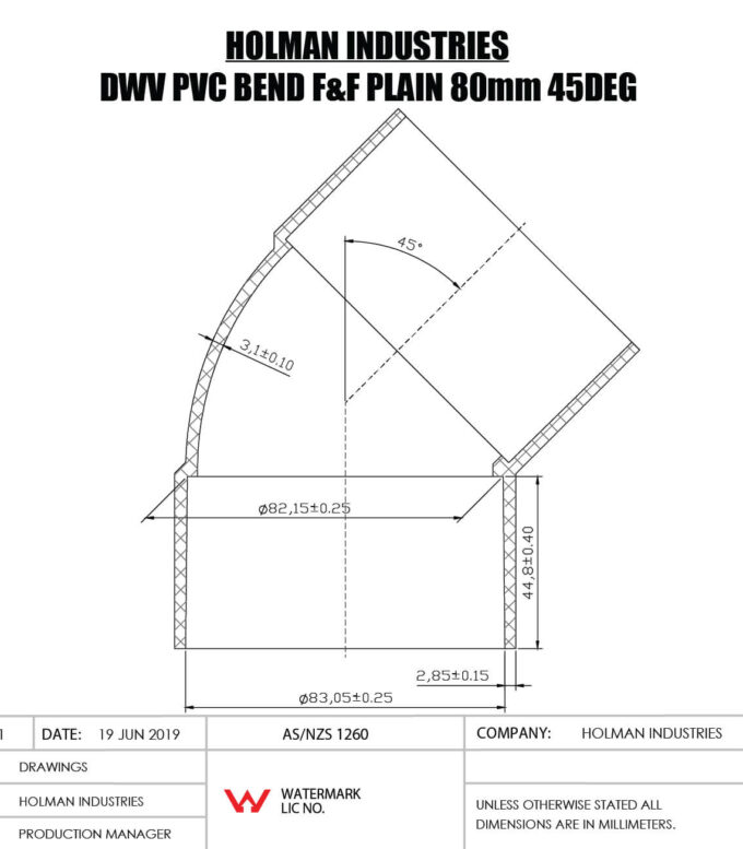 DWVF0066 DWV PVC BEND F&F PLAIN Drawing