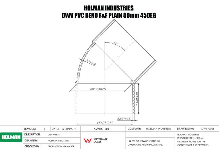 DWVF0066 DWV PVC BEND F&F PLAIN Drawing DWVF0066 DWV PVC BEND F&F PLAIN Drawing