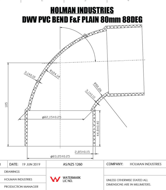 DWVF0068 DWV PVC BEND F&F PLAIN Drawing