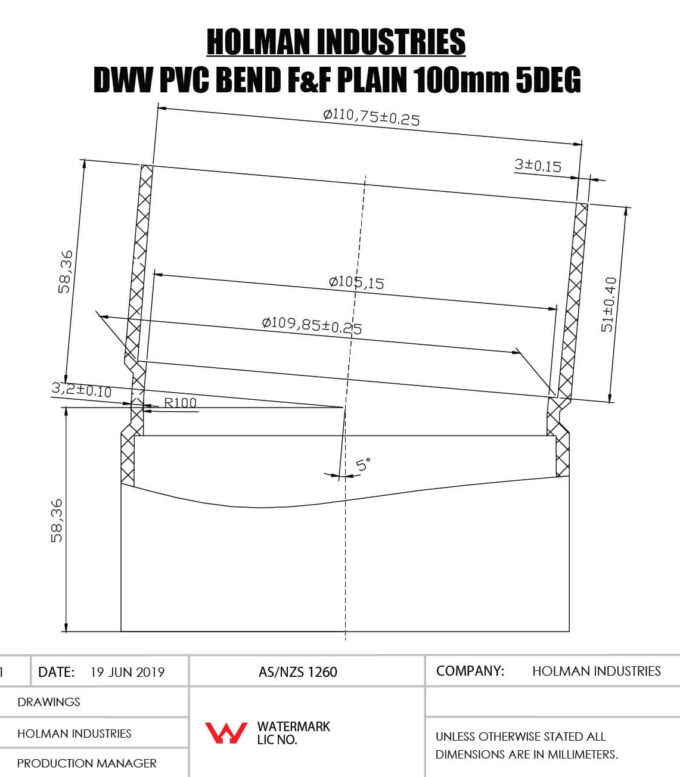 DWVF0070 DWV PVC BEND F&F PLAIN Drawing