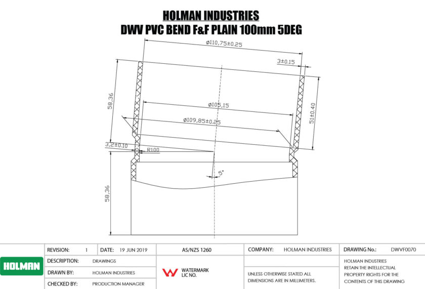 DWVF0070 DWV PVC BEND F&F PLAIN Drawing DWVF0070 DWV PVC BEND F&F PLAIN Drawing
