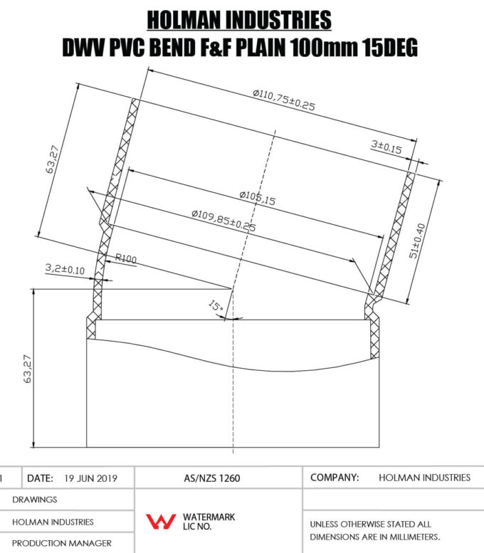 DWVF0072 DWV PVC BEND F&F PLAIN Drawing