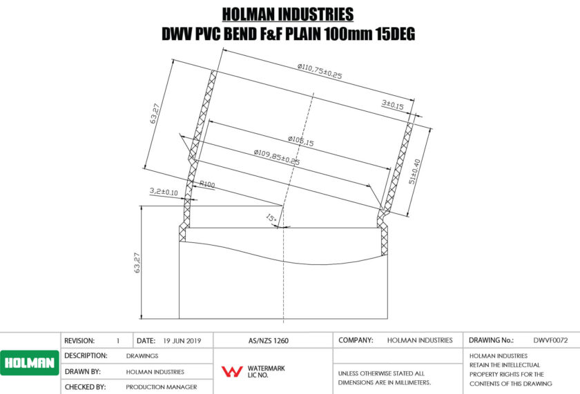 DWVF0072 DWV PVC BEND F&F PLAIN Drawing DWVF0072 DWV PVC BEND F&F PLAIN Drawing