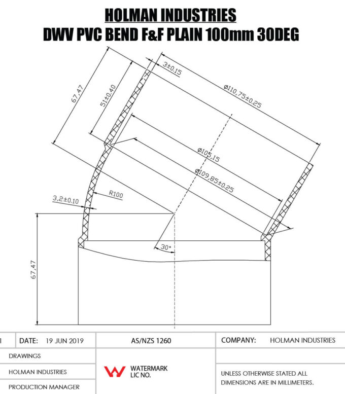 DWVF0074 DWV PVC BEND F&F PLAIN Drawing