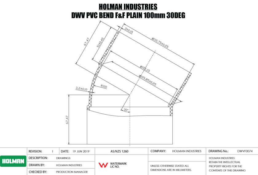 DWVF0074 DWV PVC BEND F&F PLAIN Drawing DWVF0074 DWV PVC BEND F&F PLAIN Drawing