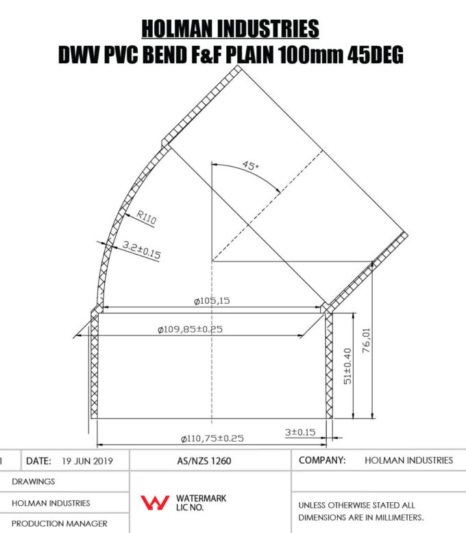 DWVF0076 DWV PVC BEND F&F PLAIN Drawing