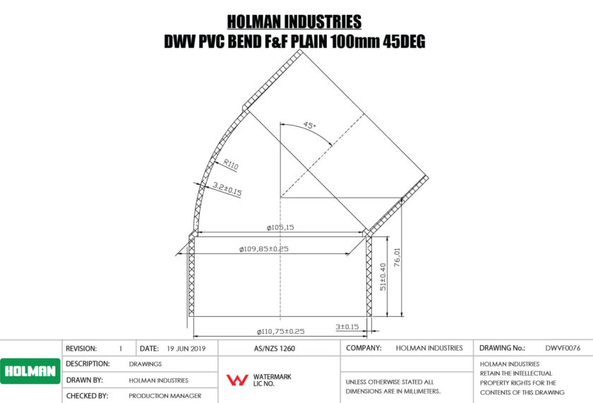 DWVF0076 DWV PVC BEND F&F PLAIN Drawing DWVF0076 DWV PVC BEND F&F PLAIN Drawing