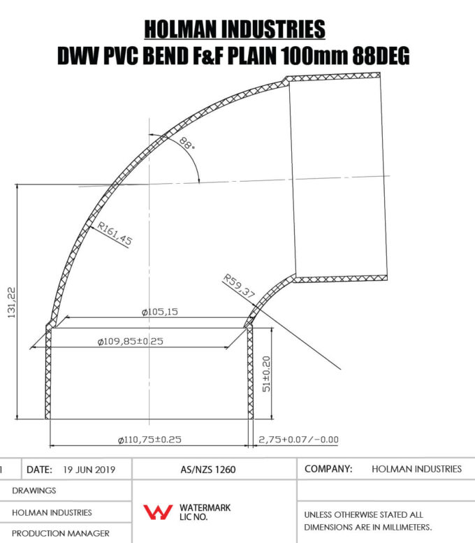 DWVF0078 DWV PVC BEND F&F PLAIN Drawing
